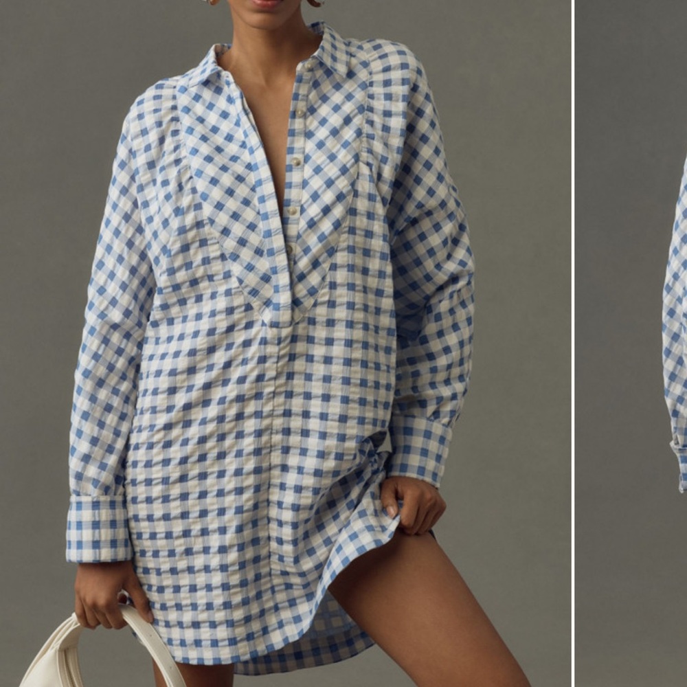 Mauve Blue and White Gingham Long Sleeve Dress